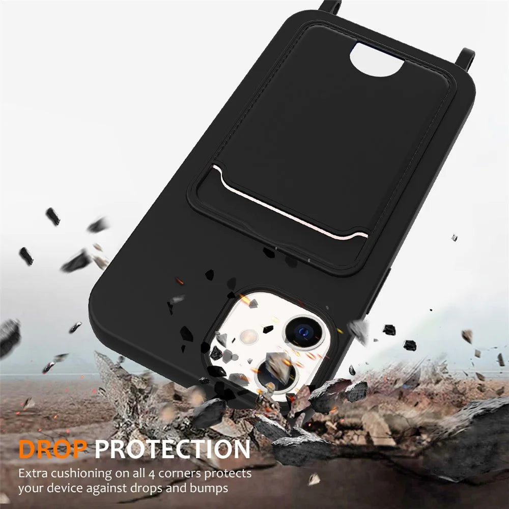 For iPhone 12 Case Crossbody Strap Liquid Silicone Phone Cover with Card Slot - Black - 3