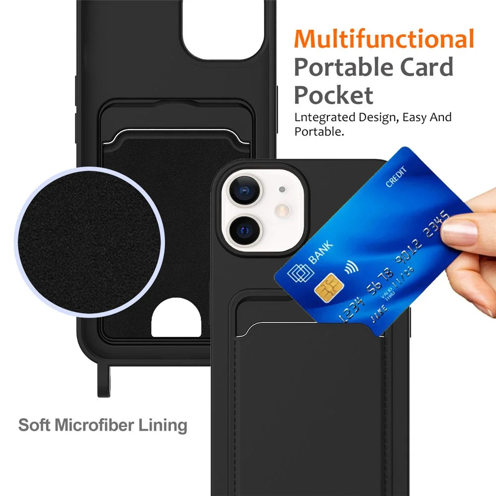 For iPhone 12 Case Crossbody Strap Liquid Silicone Phone Cover with Card Slot - Black - 5