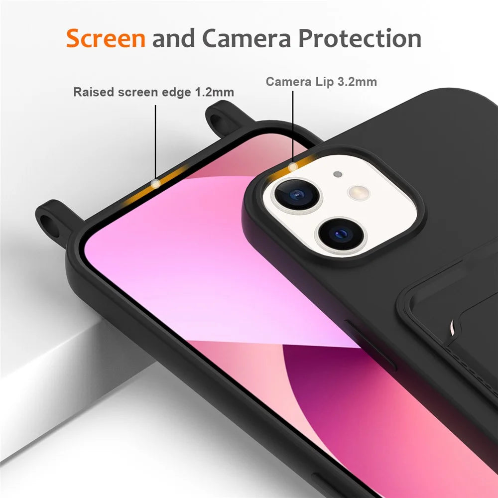 For iPhone 12 Case Crossbody Strap Liquid Silicone Phone Cover with Card Slot - Black - 6