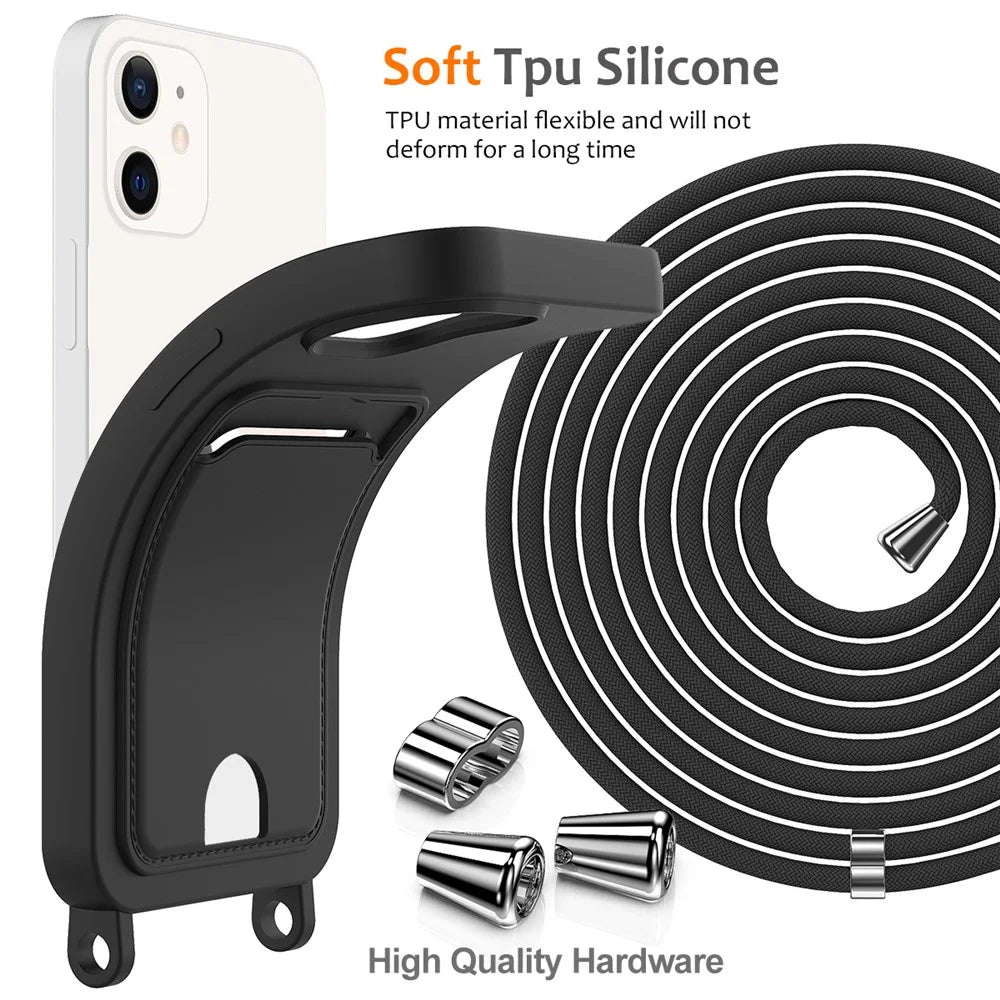 For iPhone 12 Case Crossbody Strap Liquid Silicone Phone Cover with Card Slot - Black - 7