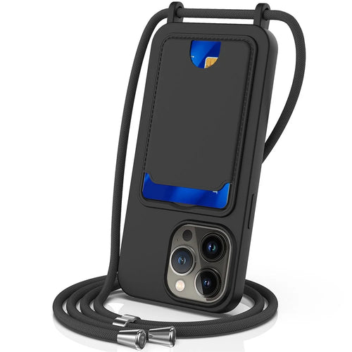 For iPhone 12 Pro Case Card Slot Liquid Silicone Phone Cover with Crossbody Strap - Black - 1