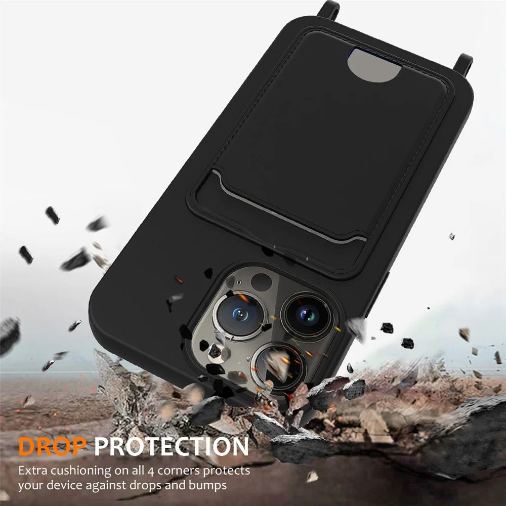 For iPhone 12 Pro Case Card Slot Liquid Silicone Phone Cover with Crossbody Strap - Black - 3