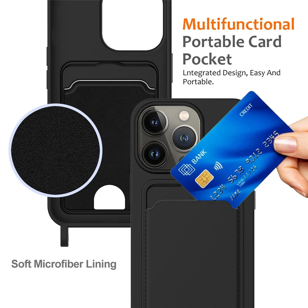 For iPhone 12 Pro Case Card Slot Liquid Silicone Phone Cover with Crossbody Strap - Black - 5