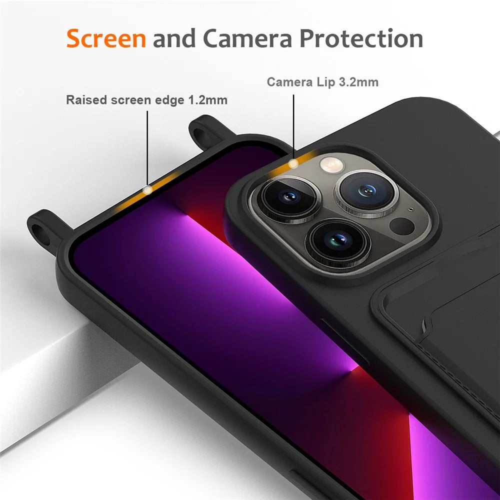 For iPhone 12 Pro Case Card Slot Liquid Silicone Phone Cover with Crossbody Strap - Black - 6