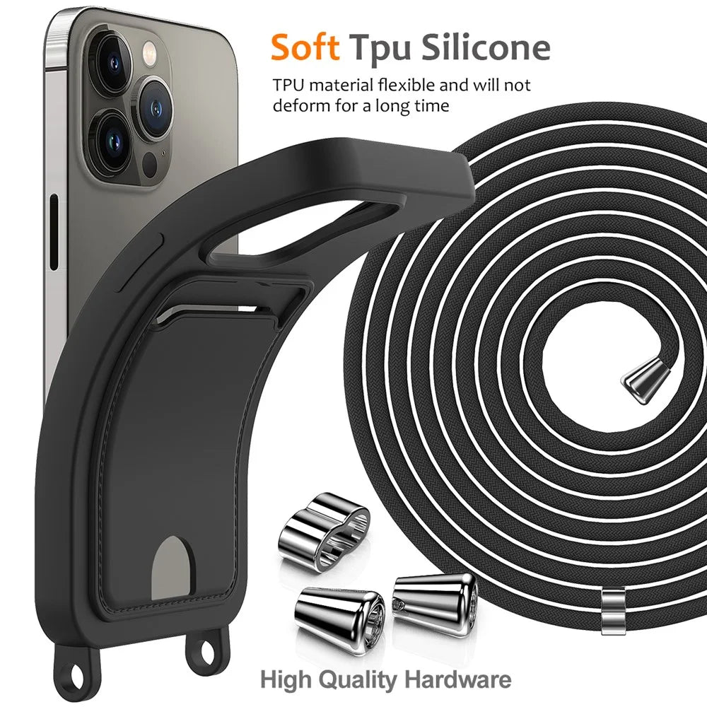 For iPhone 12 Pro Case Card Slot Liquid Silicone Phone Cover with Crossbody Strap - Black - 7