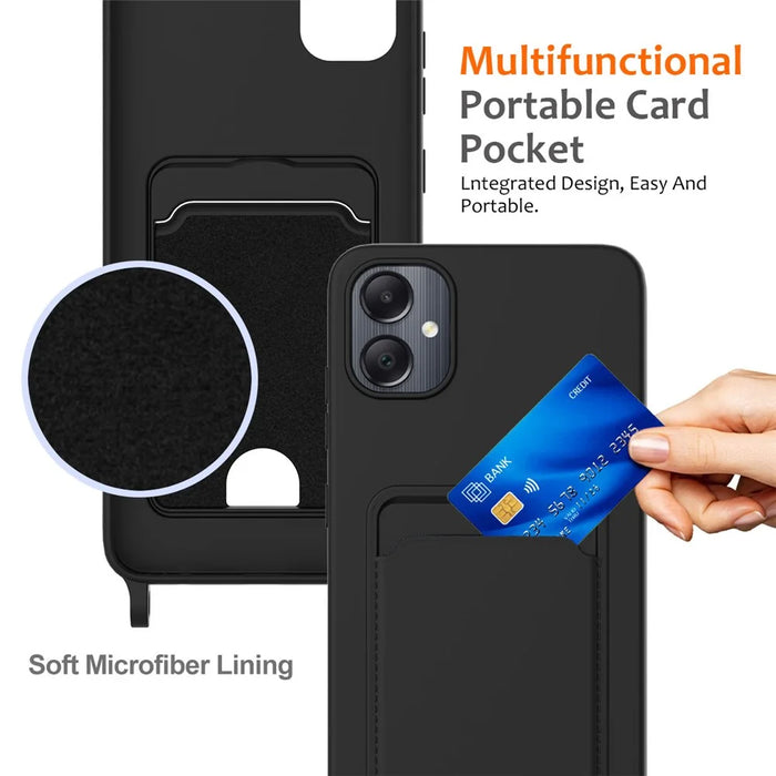 For Samsung Galaxy A05 4G Case Liquid Silicone Phone Cover with Card Slot, Long Strap - Black - 4
