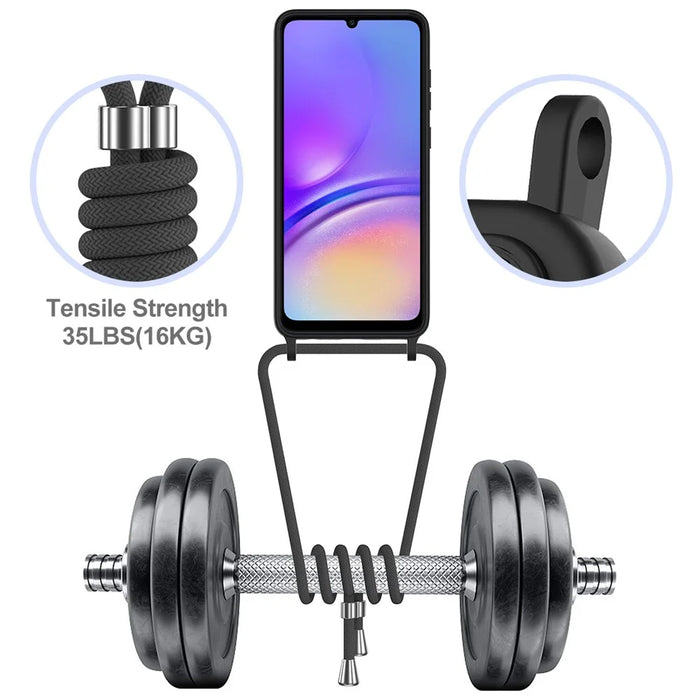 For Samsung Galaxy A05 4G Case Liquid Silicone Phone Cover with Card Slot, Long Strap - Black - 6