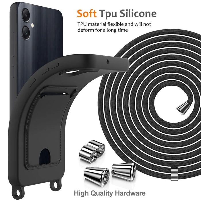 For Samsung Galaxy A05 4G Case Liquid Silicone Phone Cover with Card Slot, Long Strap - Black - 7