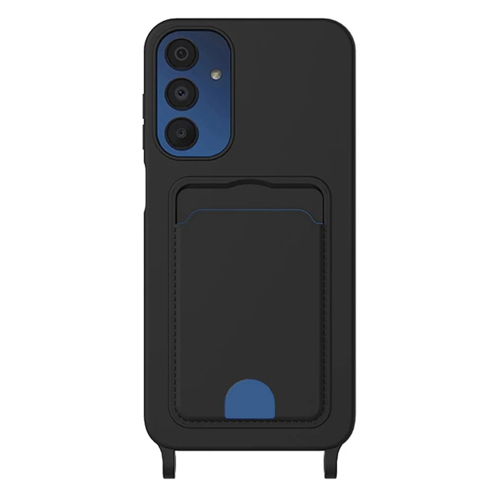 For Samsung Galaxy A05s 4G Case Card Slot Liquid Silicone Phone Cover with Lanyard - Black - 2