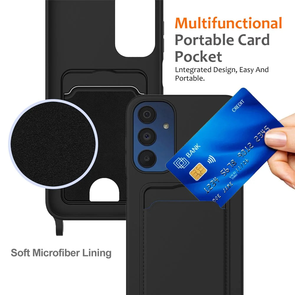 For Samsung Galaxy A05s 4G Case Card Slot Liquid Silicone Phone Cover with Lanyard - Black - 5
