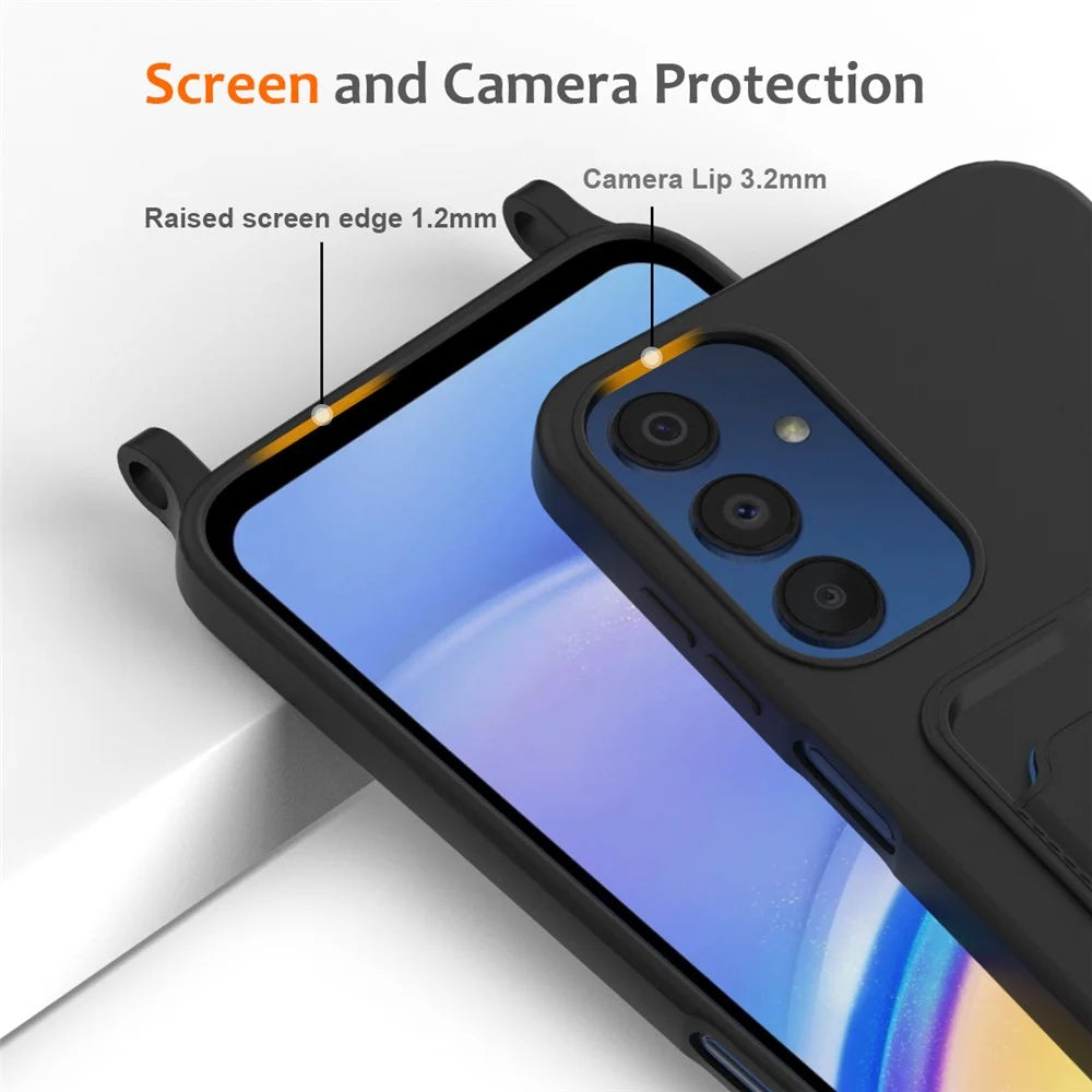 For Samsung Galaxy A05s 4G Case Card Slot Liquid Silicone Phone Cover with Lanyard - Black - 6