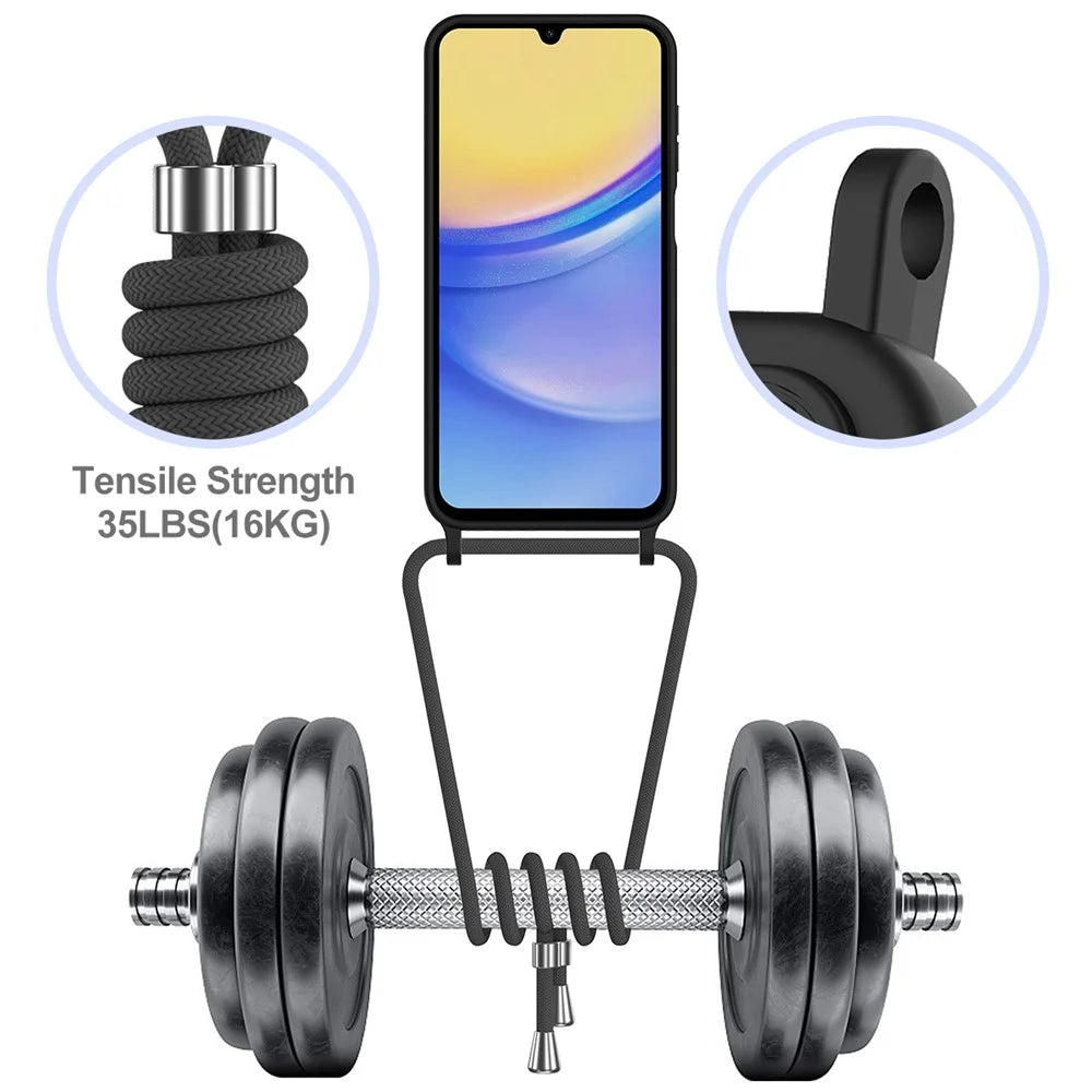 For Samsung Galaxy A05s 4G Case Card Slot Liquid Silicone Phone Cover with Lanyard - Black - 7