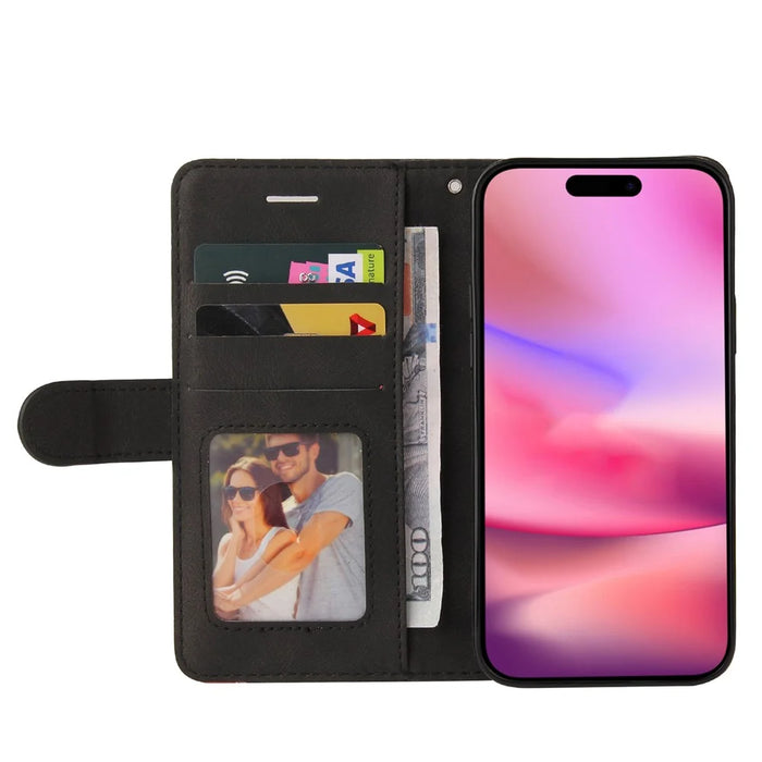 For iPhone 16 Leather Case Wallet Stand Color Splicing Phone Cover -  Black - 2