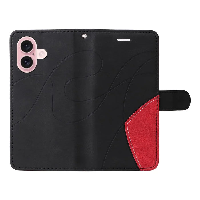 For iPhone 16 Leather Case Wallet Stand Color Splicing Phone Cover -  Black - 5