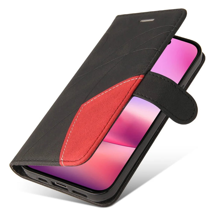 For iPhone 16 Leather Case Wallet Stand Color Splicing Phone Cover -  Black - 6