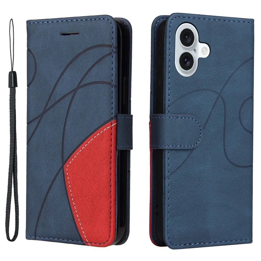 For iPhone 16 Plus Leather Case Wallet Stand Color Splicing Phone Cover - Blue - 1