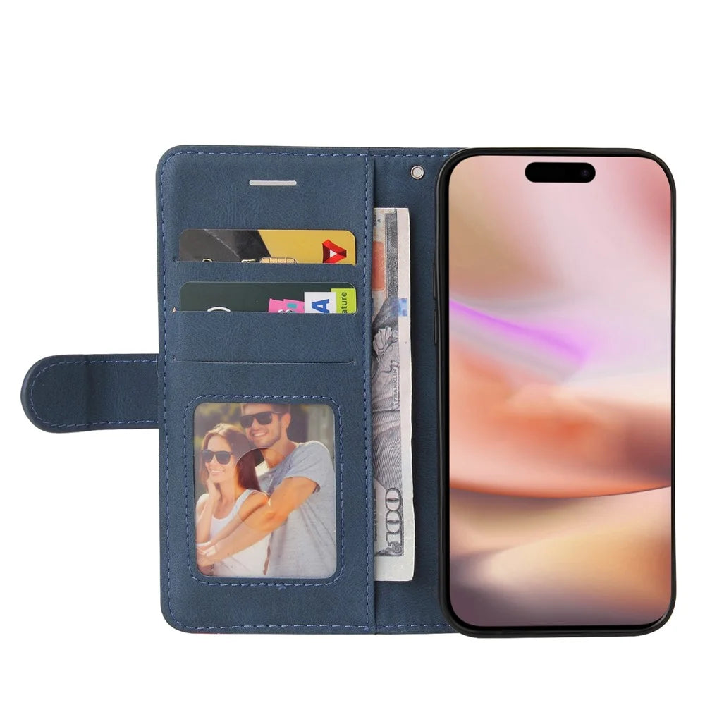 For iPhone 16 Plus Leather Case Wallet Stand Color Splicing Phone Cover - Blue - 2