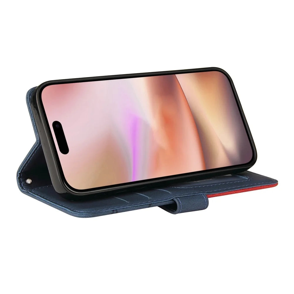 For iPhone 16 Plus Leather Case Wallet Stand Color Splicing Phone Cover - Blue - 3