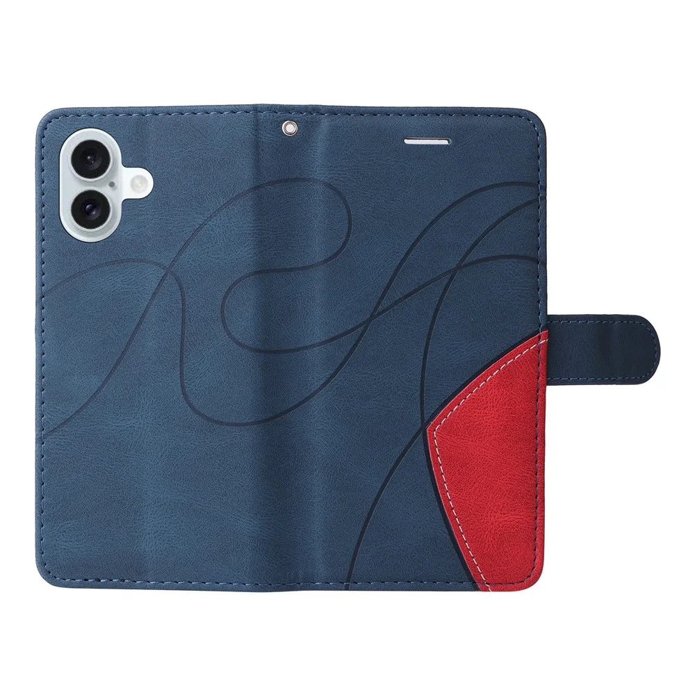 For iPhone 16 Plus Leather Case Wallet Stand Color Splicing Phone Cover - Blue - 5