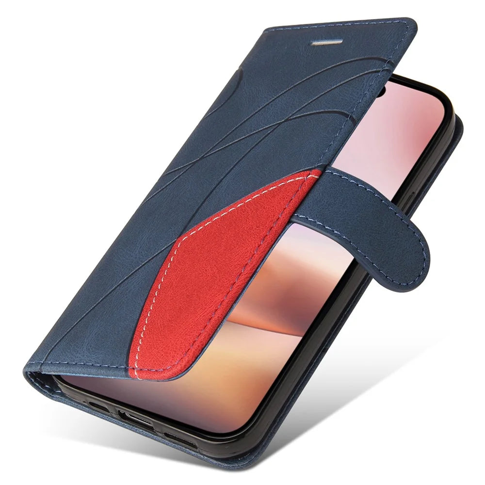 For iPhone 16 Plus Leather Case Wallet Stand Color Splicing Phone Cover - Blue - 6