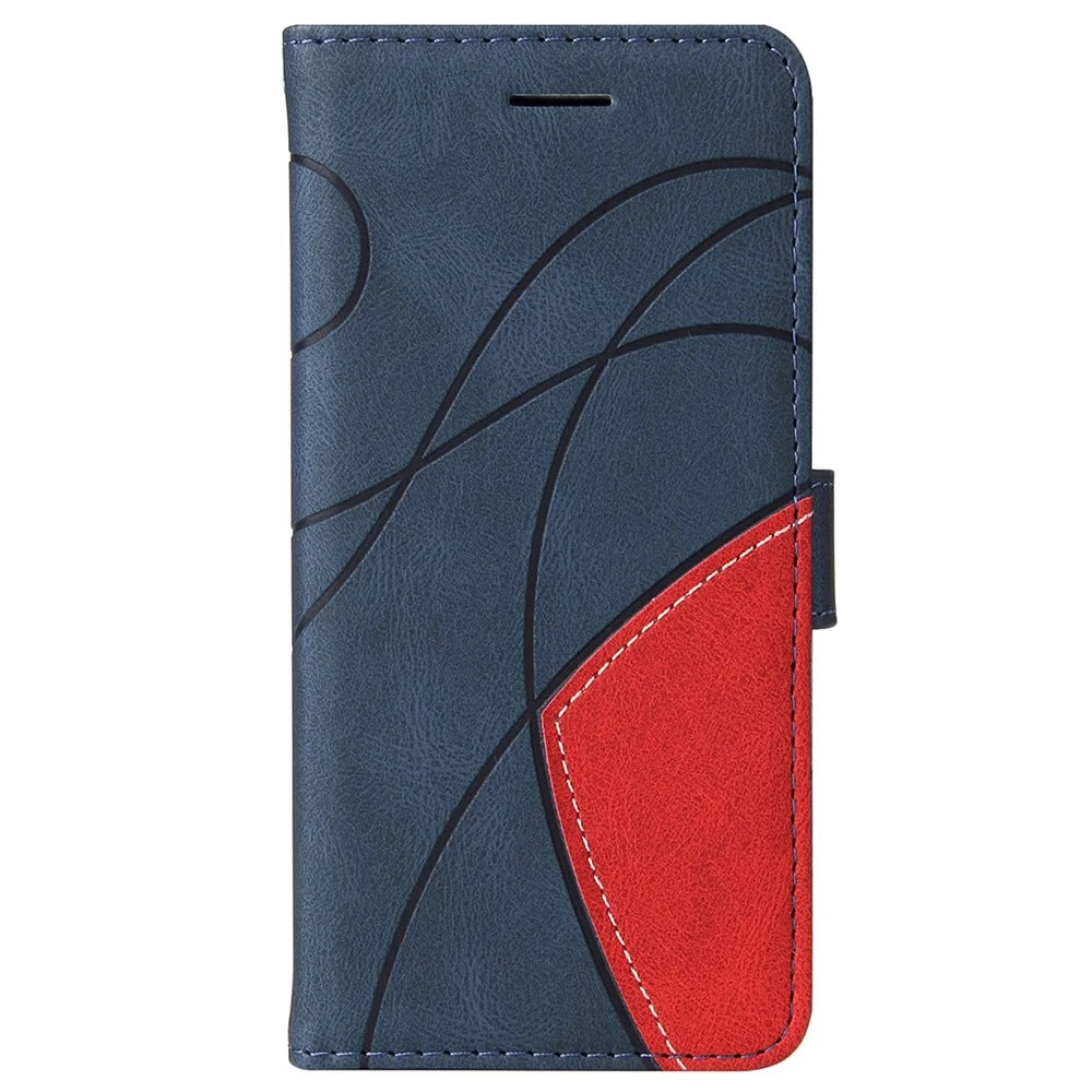 For iPhone 16 Plus Leather Case Wallet Stand Color Splicing Phone Cover - Blue - 7