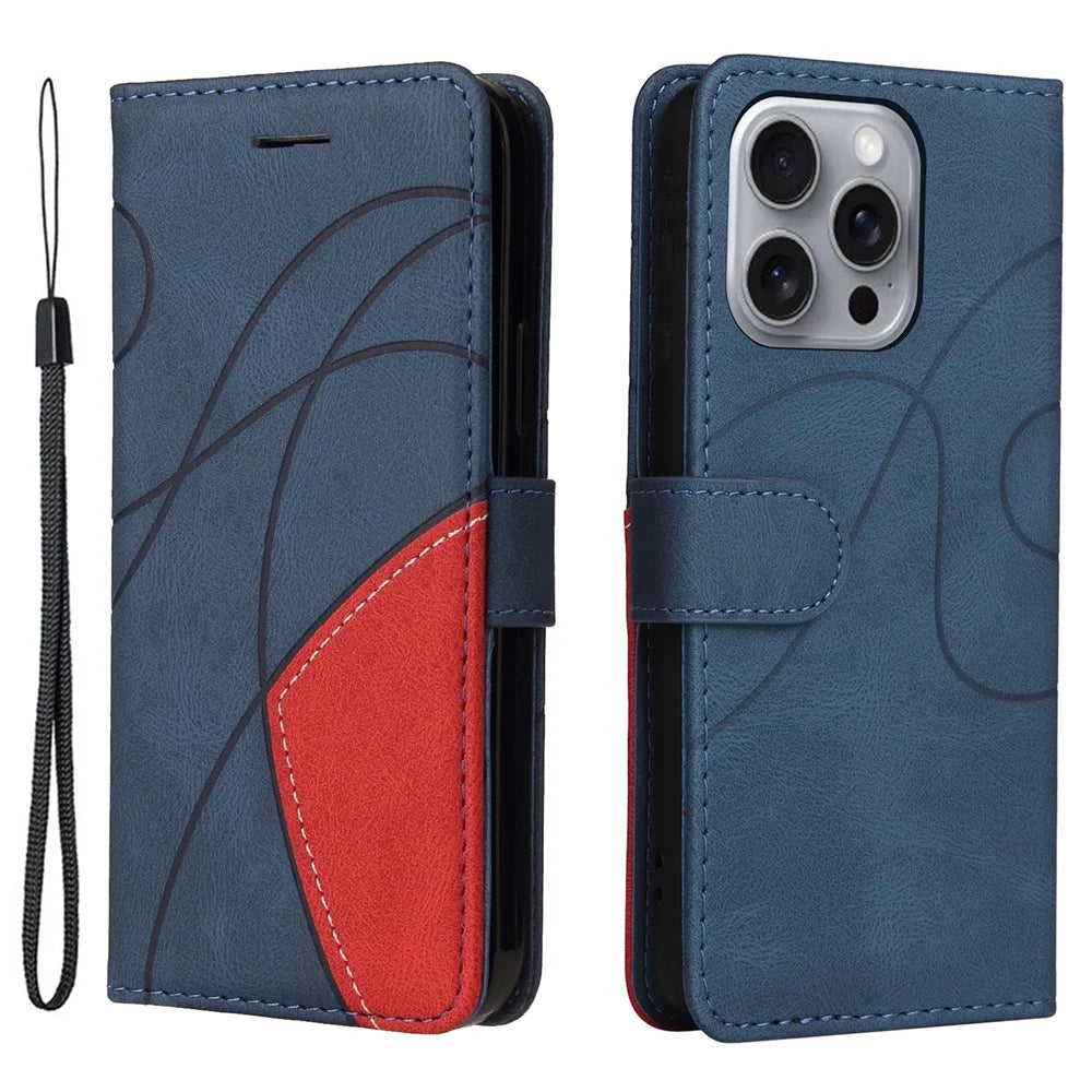 For iPhone 16 Pro Max Leather Case Wallet Stand Color Splicing Phone Cover - Blue - 1