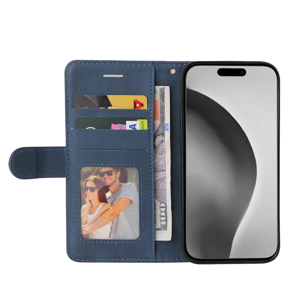 For iPhone 16 Pro Max Leather Case Wallet Stand Color Splicing Phone Cover - Blue - 2