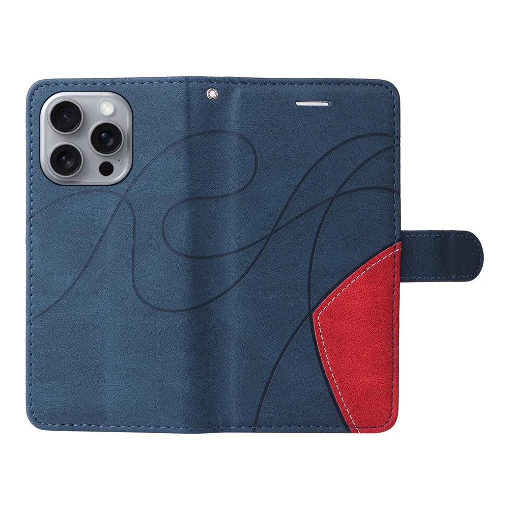 For iPhone 16 Pro Max Leather Case Wallet Stand Color Splicing Phone Cover - Blue - 5