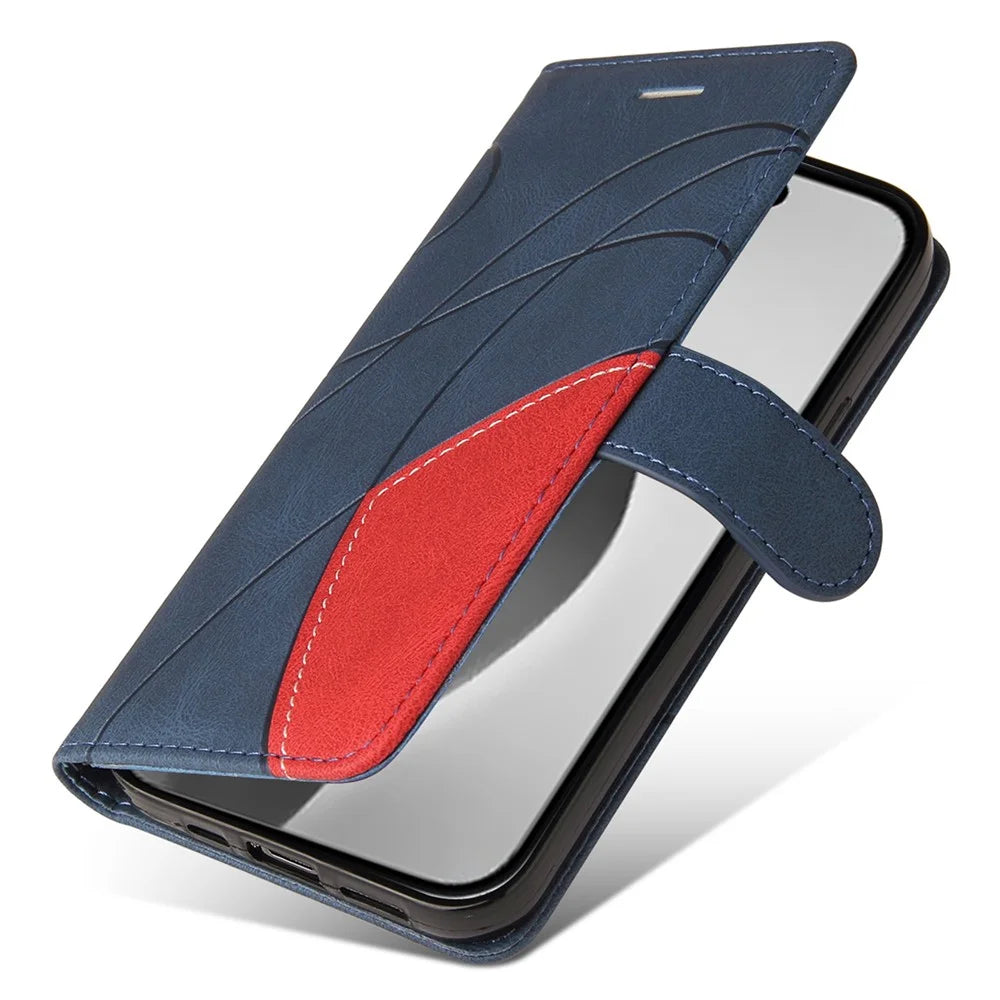 For iPhone 16 Pro Max Leather Case Wallet Stand Color Splicing Phone Cover - Blue - 6