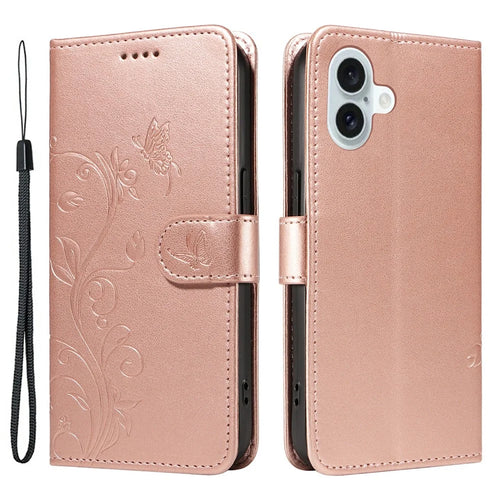 For iPhone 16 Plus PU Leather Cases Flower Pattern Wallet Stand Phone Cover with Strap - Rose Gold - 1