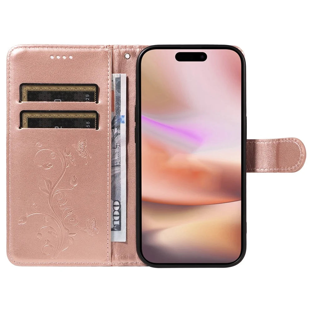 For iPhone 16 Plus PU Leather Cases Flower Pattern Wallet Stand Phone Cover with Strap - Rose Gold - 2