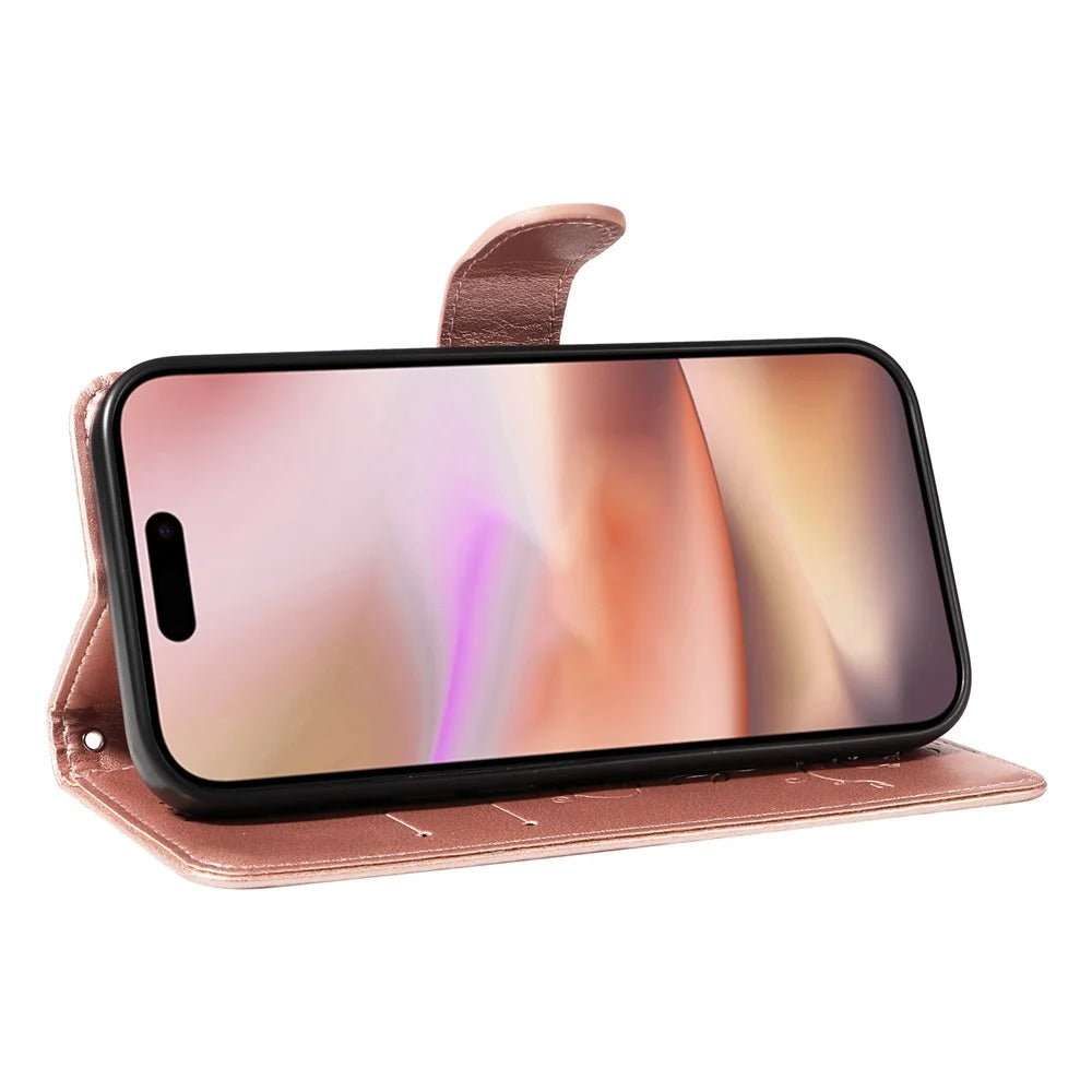 For iPhone 16 Plus PU Leather Cases Flower Pattern Wallet Stand Phone Cover with Strap - Rose Gold - 3
