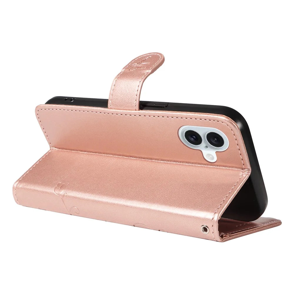 For iPhone 16 Plus PU Leather Cases Flower Pattern Wallet Stand Phone Cover with Strap - Rose Gold - 4