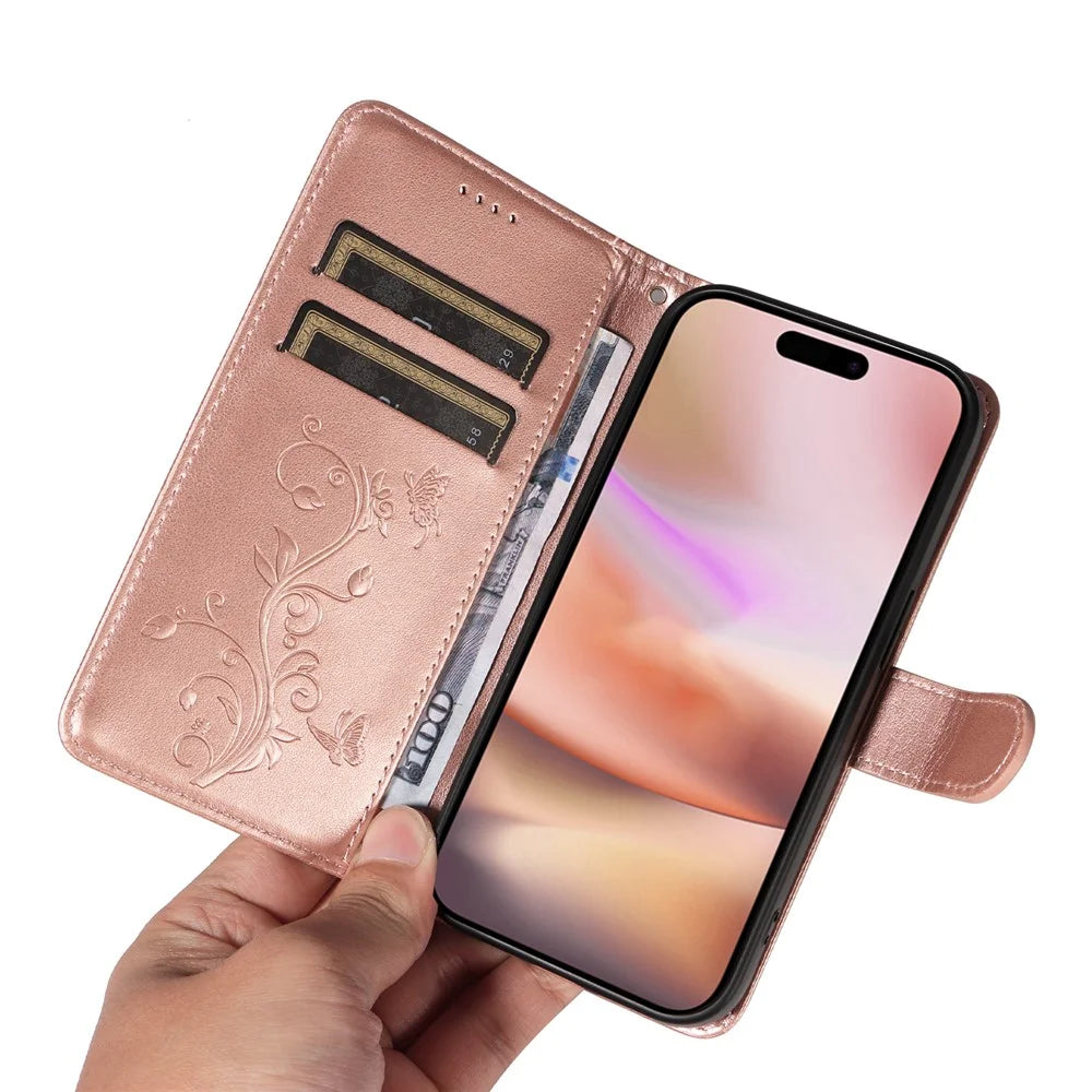 For iPhone 16 Plus PU Leather Cases Flower Pattern Wallet Stand Phone Cover with Strap - Rose Gold - 5