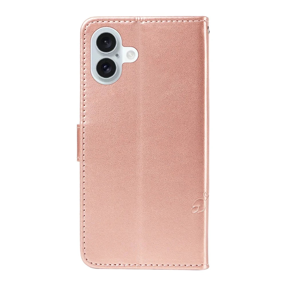 For iPhone 16 Plus PU Leather Cases Flower Pattern Wallet Stand Phone Cover with Strap - Rose Gold - 7