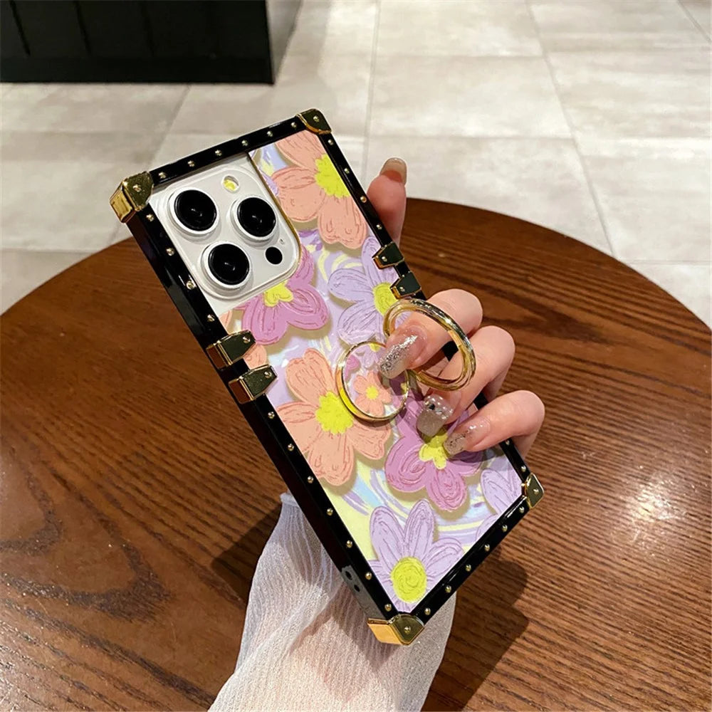 For iPhone 15 Pro Kickstand Case Oil Painting Flower PC+TPU Phone Cover - Orange - 2