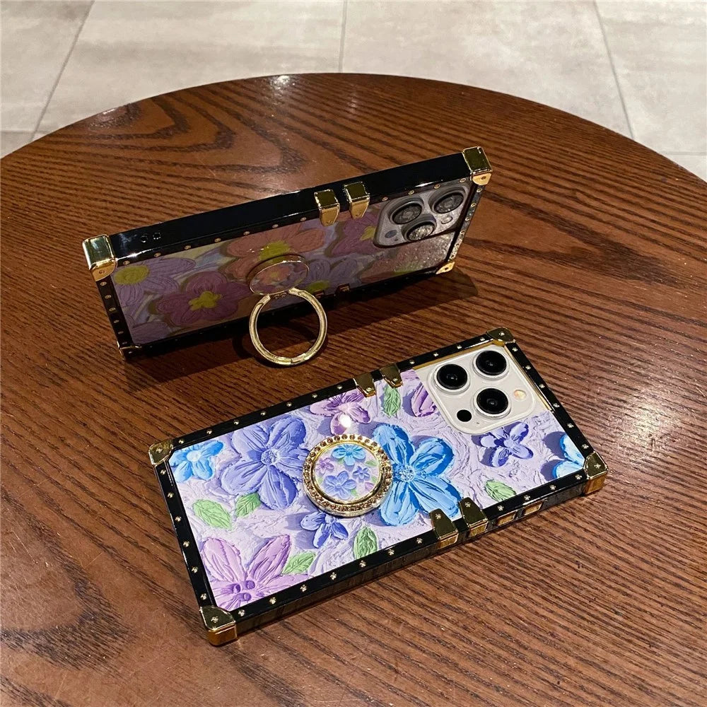 For iPhone 15 Pro Kickstand Case Oil Painting Flower PC+TPU Phone Cover - Orange - 3