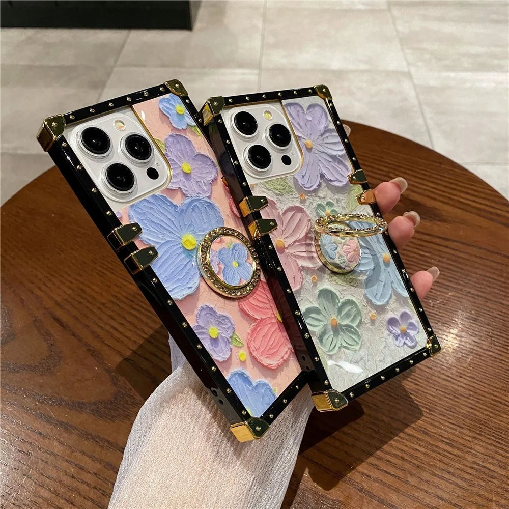 For iPhone 15 Pro Kickstand Case Oil Painting Flower PC+TPU Phone Cover - Orange - 6