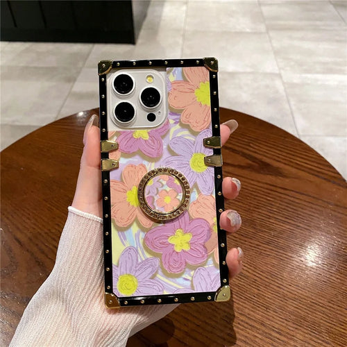 For iPhone 14 Pro Max Case Oil Painting Flower PC+TPU Kickstand Phone Cover - Orange - 1