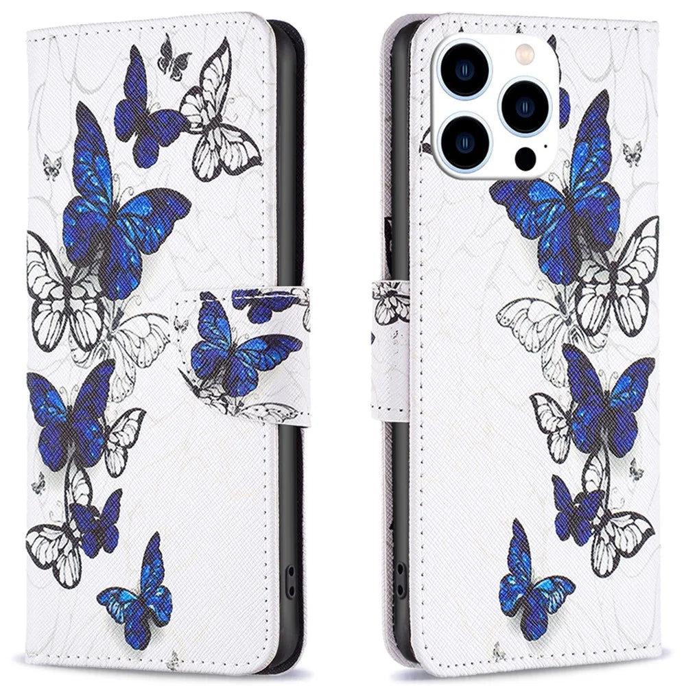 For iPhone 16 Pro Case Wallet Leather Flip Phone Cover Pattern Print - Butterflies - 1