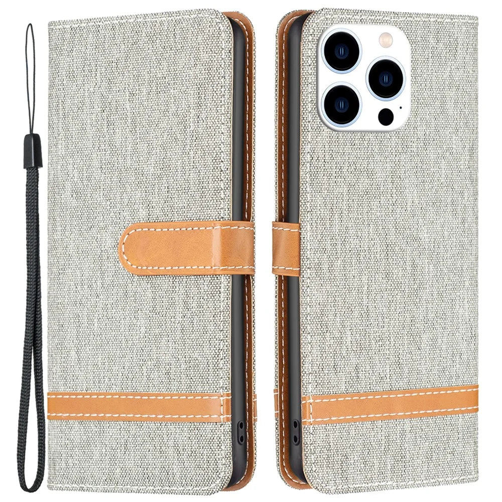 For iPhone 16 Pro Case Jeans Cloth Texture Wallet Splicing Phone Leather Cover -  Grey - 1
