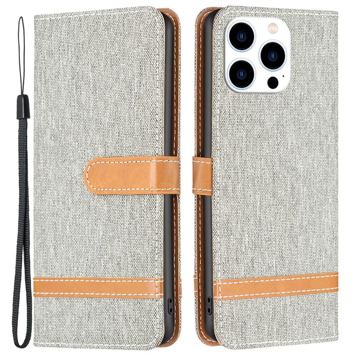 For iPhone 16 Pro Case Jeans Cloth Texture Wallet Splicing Phone Leather Cover -  Grey - 1