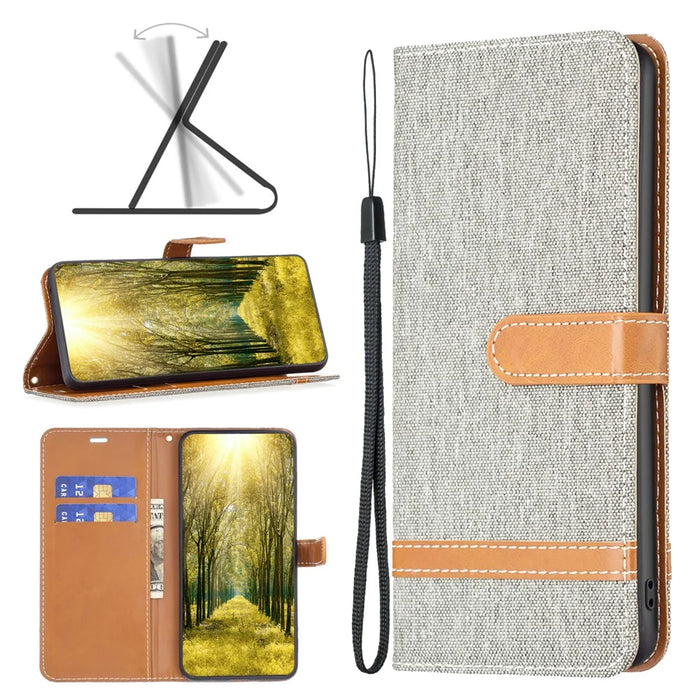 For iPhone 16 Pro Case Jeans Cloth Texture Wallet Splicing Phone Leather Cover -  Grey - 4