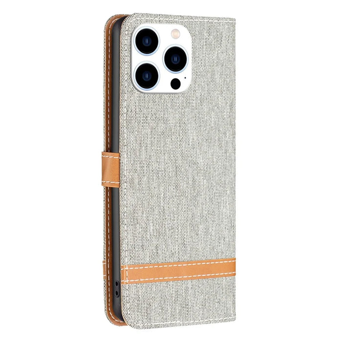 For iPhone 16 Pro Case Jeans Cloth Texture Wallet Splicing Phone Leather Cover -  Grey - 6