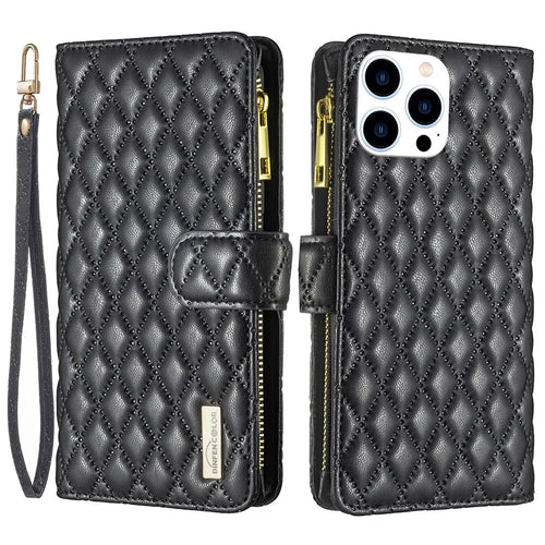 BINFEN COLOR BF Style-15 For iPhone 16 Pro Case Rhombus Leather Phone Cover with Zipper - Black - 1