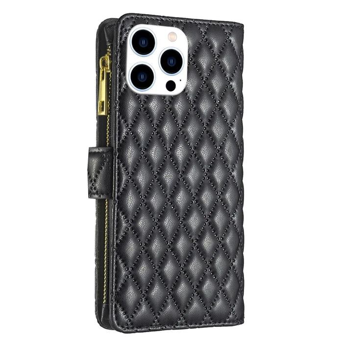 BINFEN COLOR BF Style-15 For iPhone 16 Pro Case Rhombus Leather Phone Cover with Zipper - Black - 6