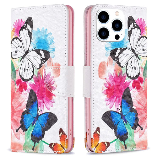 For iPhone 16 Pro Leather Case Pattern Printing Wallet Stand Phone Cover -  Two Butterflies - 1