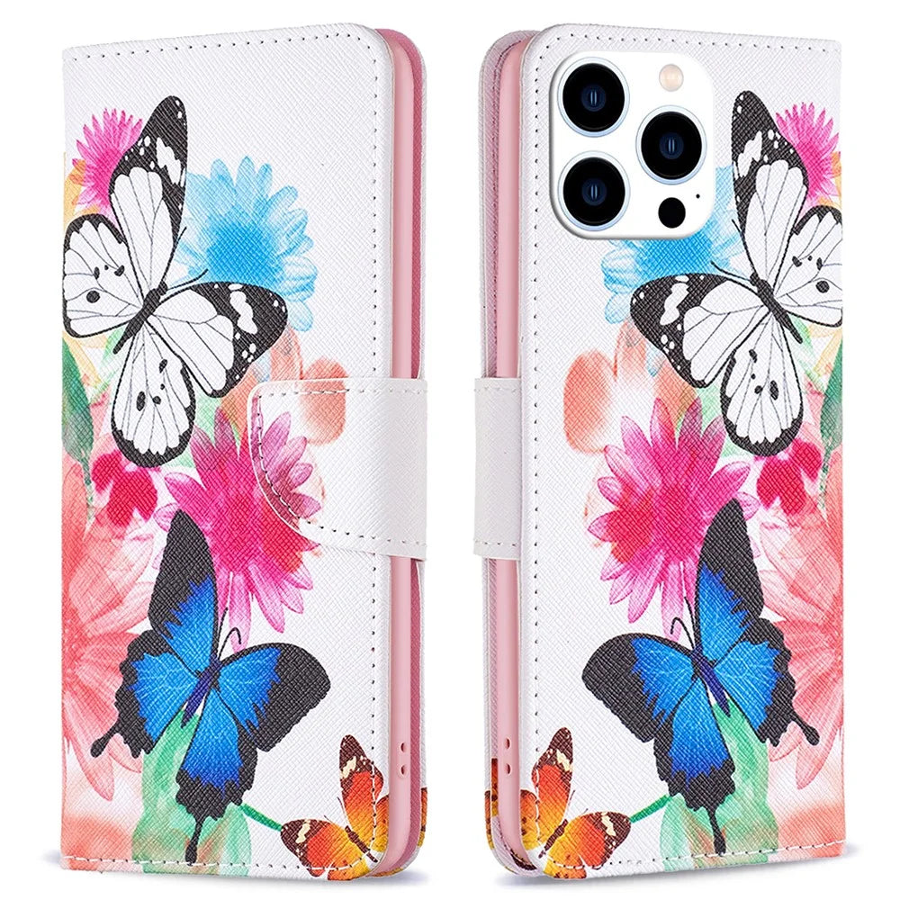 For iPhone 16 Pro Leather Case Pattern Printing Wallet Stand Phone Cover -  Two Butterflies - 1