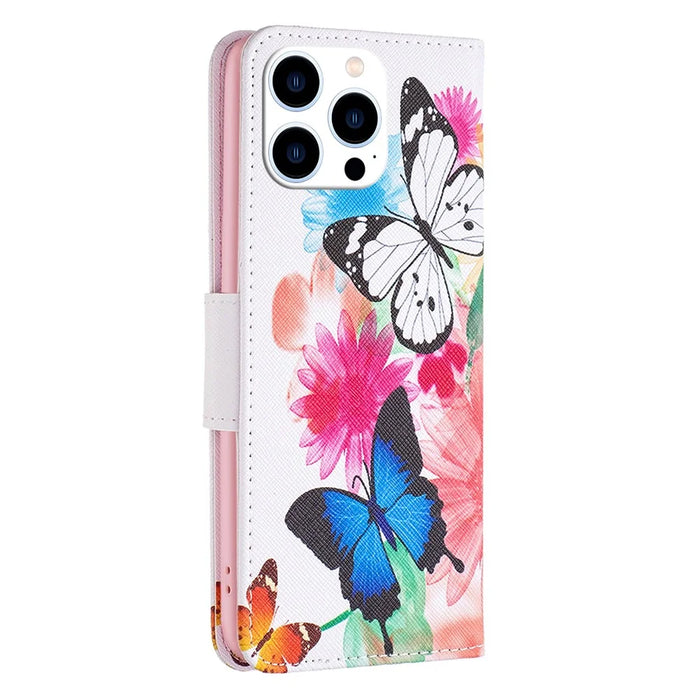 For iPhone 16 Pro Leather Case Pattern Printing Wallet Stand Phone Cover -  Two Butterflies - 6