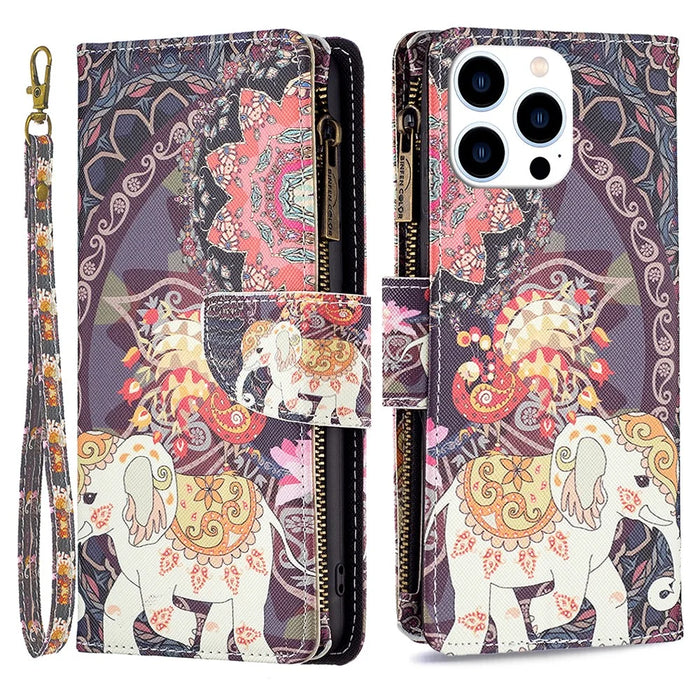 BF03 For iPhone 16 Pro Case Pattern Print PU Leather Phone Cover with Zipper Wallet - Flowers and Elephant - 1